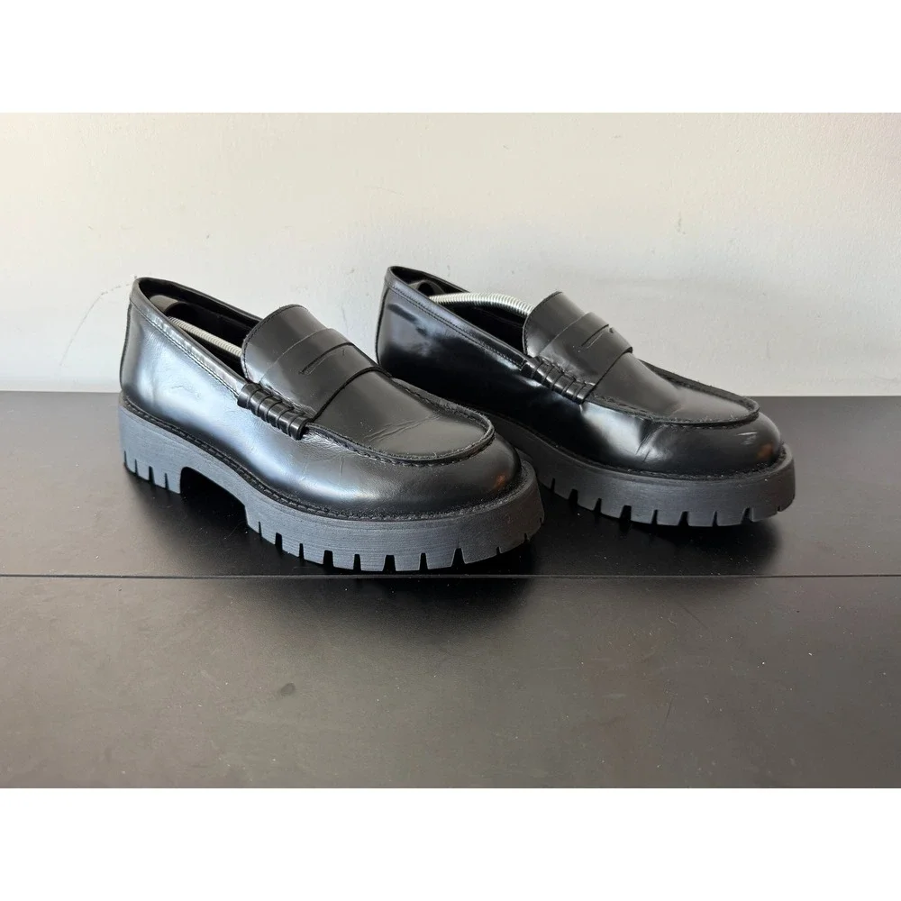 Steve Madden Langsten Black Leather Lug Sole Penny Loafers Women 10
